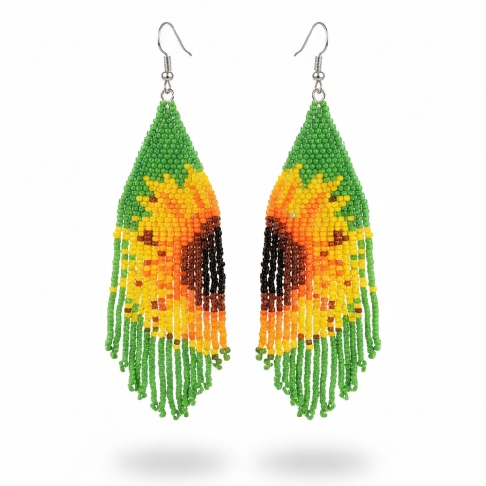 🆕️ Sunflower Hand Crafted Beaded Earrings Green